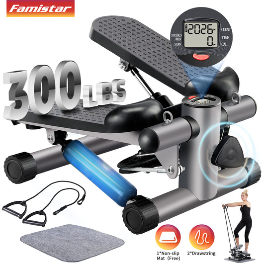 Famistar Mini Stair Steppers Machine for Exercise at Home with Resistance Bands, 300LB Capacity, LCD Display, Adjustable Stride, Dual Hydraulic Design, Free Non-Slip Mat Gift