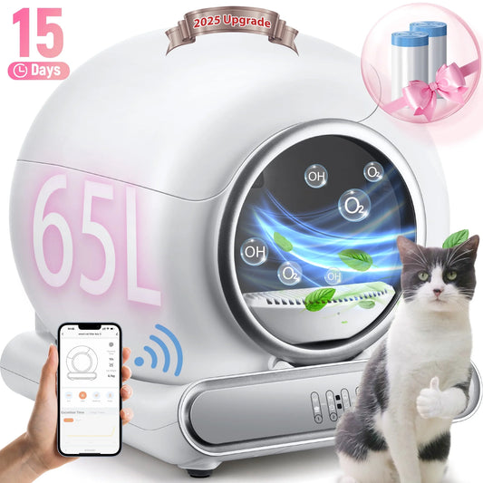 Automatic Cat Litter Box with APP Remote Control, Self Cleaning Litter Box, Odor Removal, and 65L+9L Large Capacity for Multiple Cats, Including 2 Rolls Free Liner