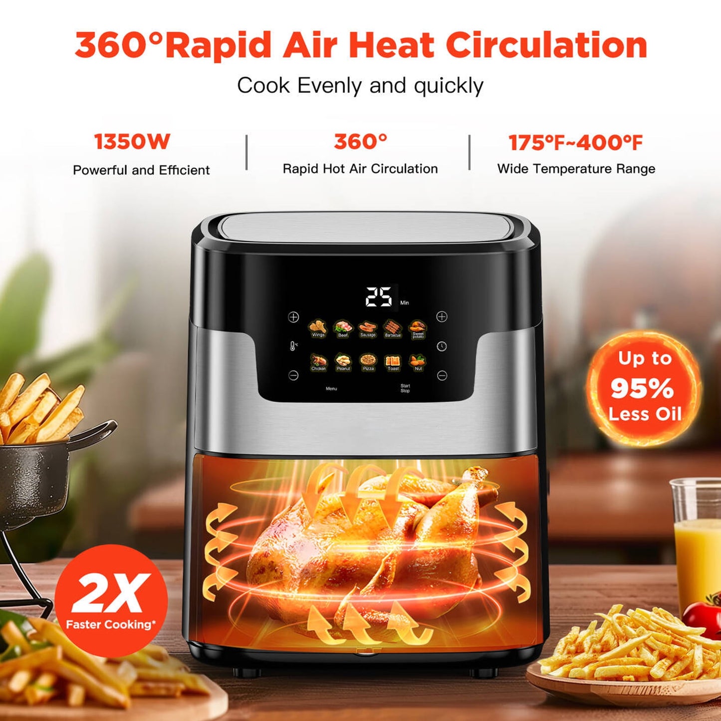 Qvamodo Air Fryer 7.5 QT Large Capacity, 10 in 1 Multifunctional Air Fryer Oven, 10 Preset Cookings, 95% Less Oil, Digital LED Touch Screen, 100Pcs Liner