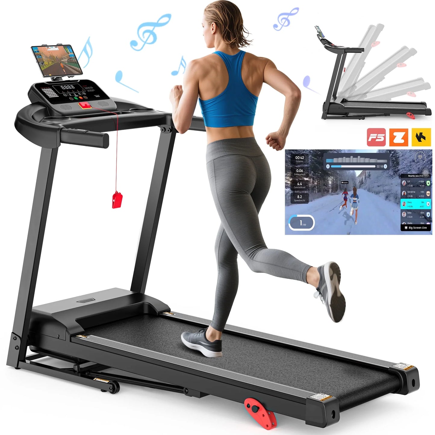 3.75HP Treadmill 300lb Capacity, Incline Folding Treadmill, 64+7 Smart Program, 7.5MPH Speed, Smart APP Control, Treadmill for Home Jogging Walking w/ HiFi Speakers, Free Knee Pads