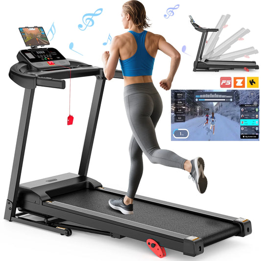 3.75HP Treadmill 300lb Capacity, Incline Folding Treadmill, 64+7 Smart Program, 7.5MPH Speed, Smart APP Control, Treadmill for Home Jogging Walking w/ HiFi Speakers, Free Knee Pads