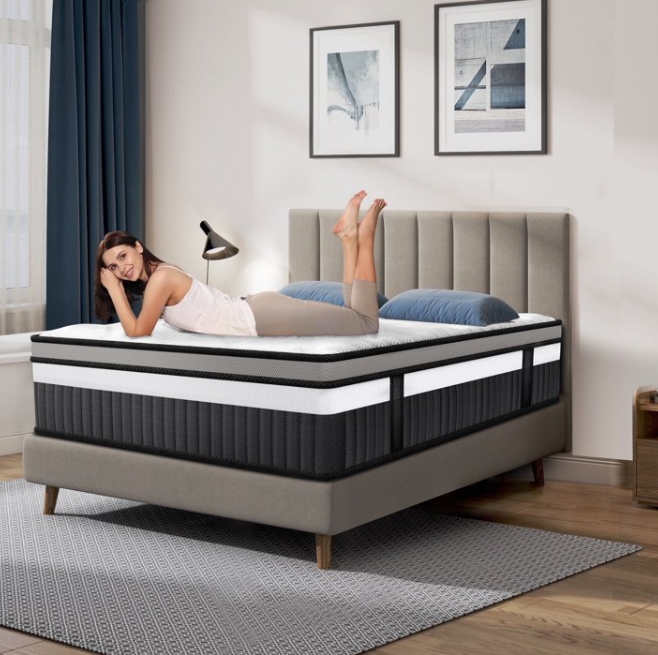 14 inch King Size Hybrid Mattress, Cooling Memory Foam Mattress in a Box with Individually Pocket Springs CertiPUR-US Certified Medium Firm Breathable Pressure Relief White with Khaki Rim