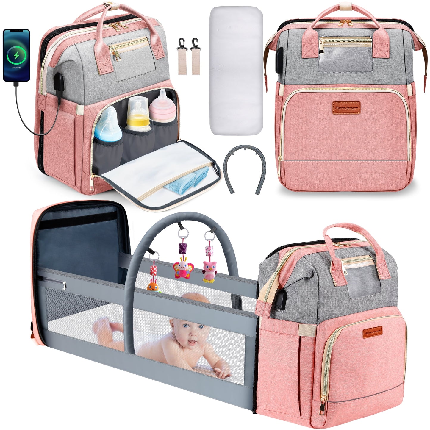 Famistar 8 in 1 Baby Diaper Bag Backpack,Unique Toy Hanging Rod Crib,Large Capacity Baby Bags with Diaper Changing Station,Waterproof Diaper Bags for Boys Girls Travel with Sunshade, Pink-Oct 17Update