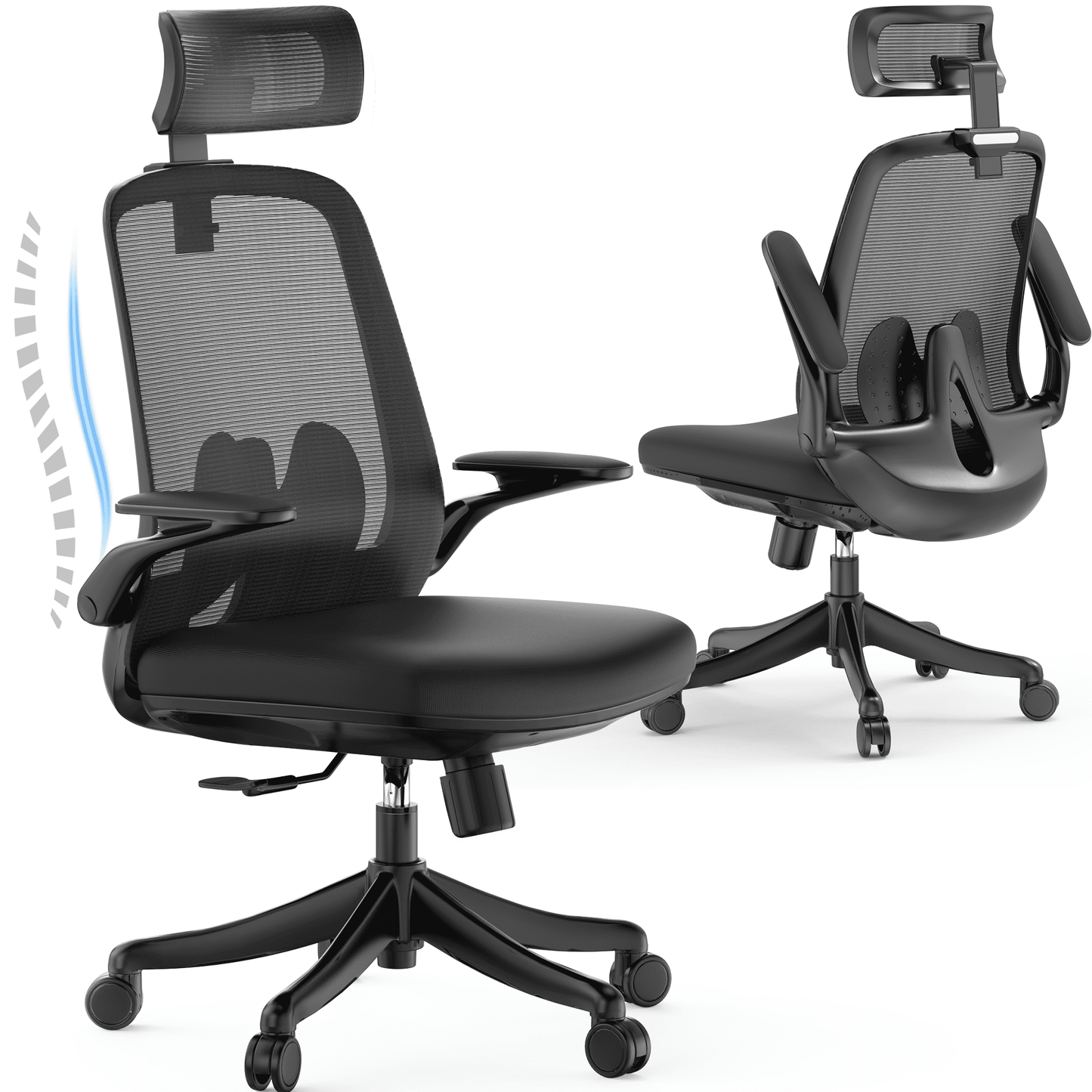 Ergonomic Mesh Office Chair, High Back Desk Chair - Adjustable Headrest with 90 Flip-Up Arms, Up to 125 Tilt Function, Liftable Thickened Seat and PU Wheels, 360 Swivel Computer Task Chair