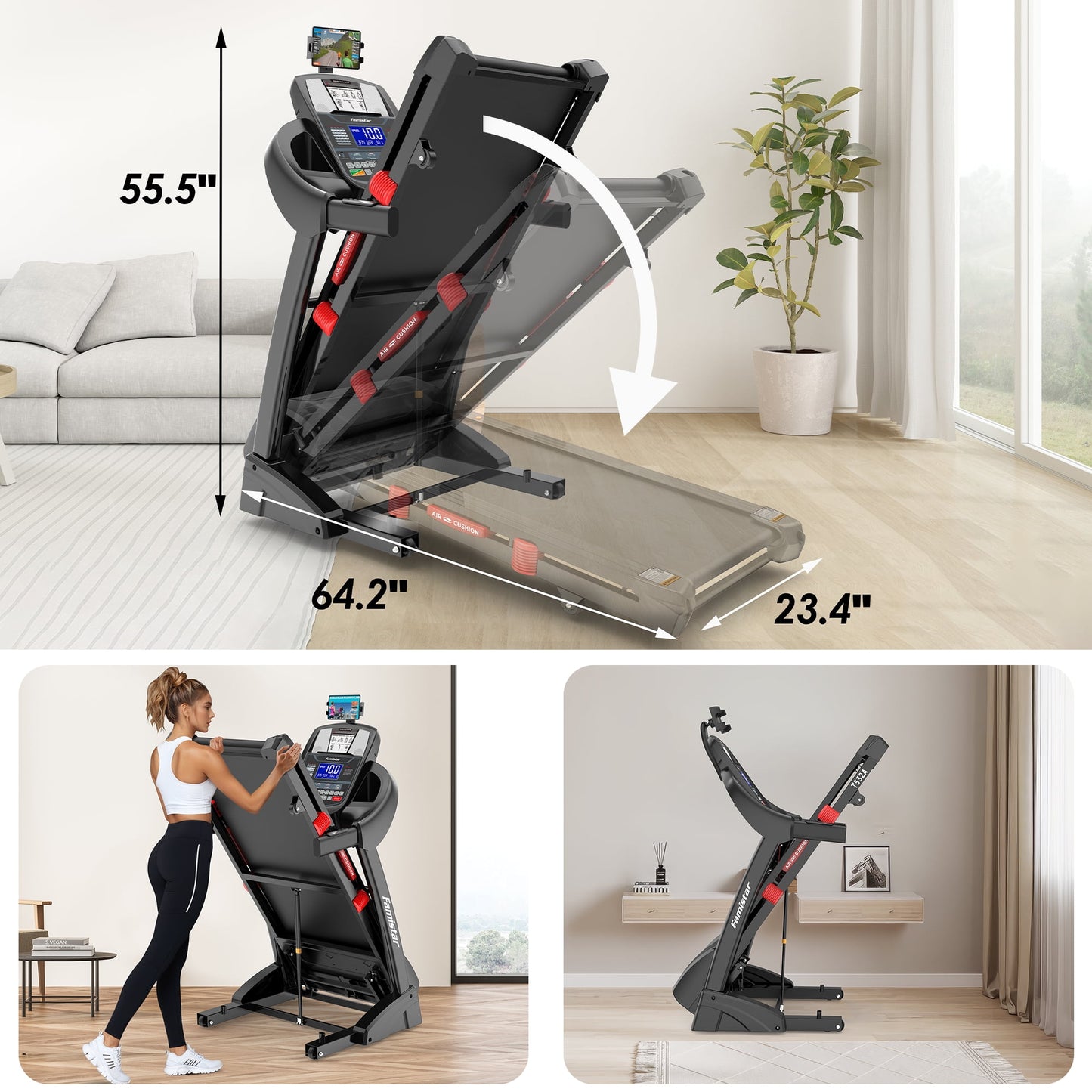 Qvamodo Treadmill with 15% Auto Incline for Home, Treadmill with 300lbs Capacity, Folding Treadmill with 18’’ Wide Belt, 4.5HP Brushless Motor, APP Control, 0.6-10MPH, 64Preprogram
