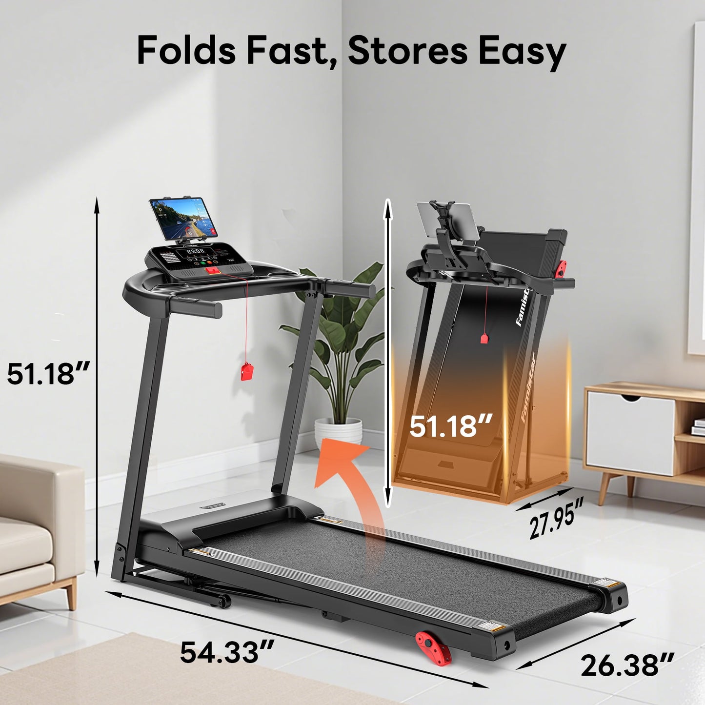 MAJUNES Folding Treadmill 300lbs Capacity, 6% Incline Treadmill with App Control, Electric Treadmill for Home Use, Free Fit Course, 64+3+3+1Programs, Shock Absorption, Home&Office