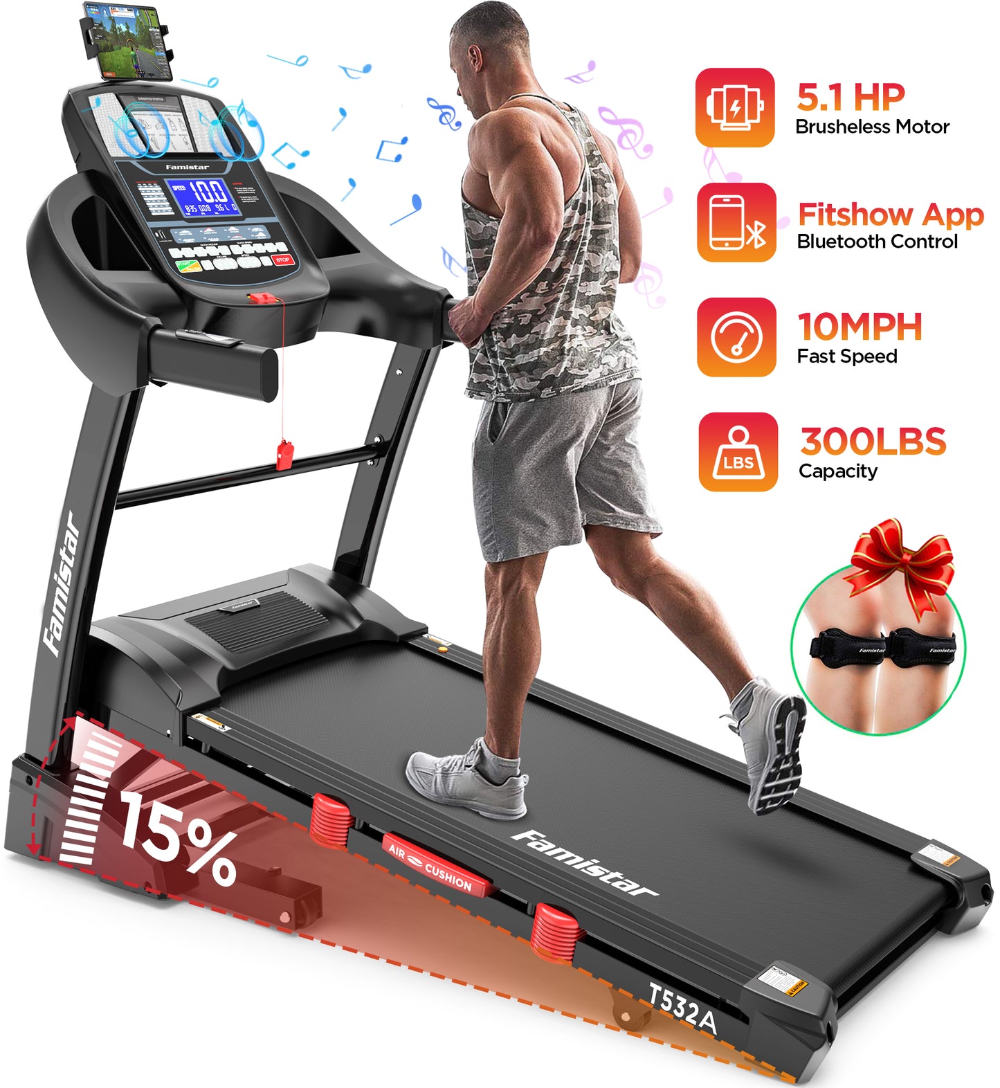 Famistar 5.1HP Folding Treadmill for Home with 15% Auto Incline, 300 LB Capacity, Portable Foldable Treadmill, FREE APP Control, Adjustable iPad Holder, 10MPH Speed, 71 Programs, Knee Strap Gift