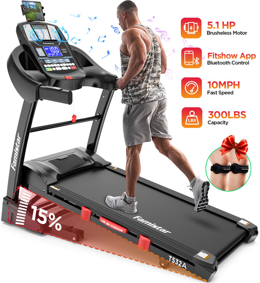 Famistar 5.1HP Folding Treadmill for Home with 15% Auto Incline, 300 LB Capacity, Portable Foldable Treadmill, FREE APP Control, Adjustable iPad Holder, 10MPH Speed, 71 Programs, Knee Strap Gift