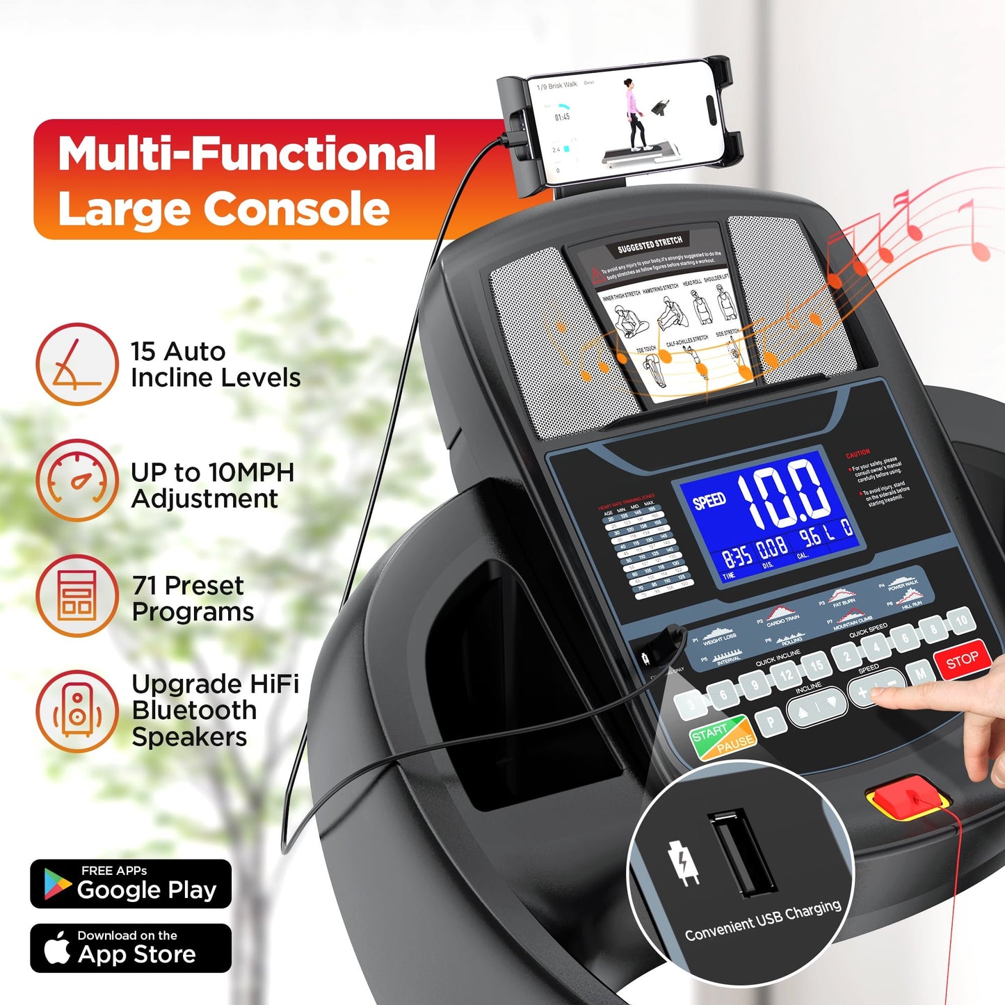 15% Auto Incline Treadmill 5HP, 300LBS Treadmill for Home, Foldable Running Walking Machine w/ APP Control