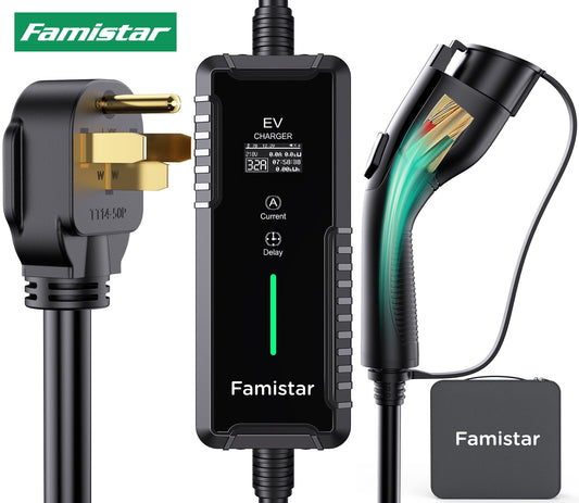 Famistar EV Charger, Level 2 Portable Electric Vehicle Car Charger Charging Station, 14-50 Plug, 32 Amp, 100-240V, 25FT Model, IP65 Waterproof, 0.96¡± LCD Screen, UL Recognized, for SAE J1772 EV
