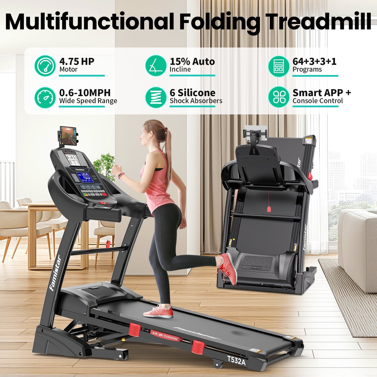 10MPH Folding Treadmill w/ 15% Auto Incline, 300lb Capacity, Treadmill for Home Portable Foldable Exercise Equipment