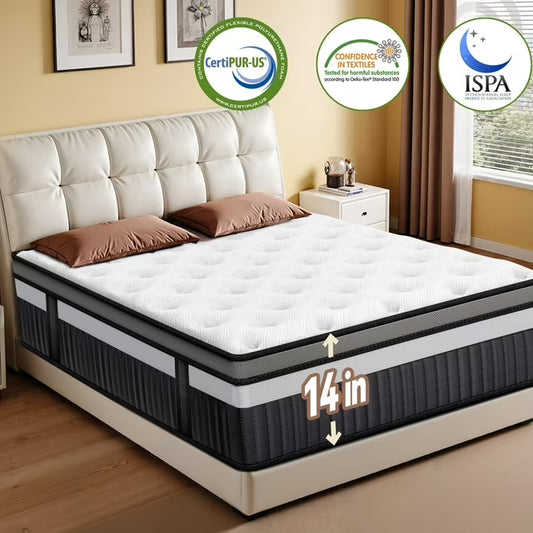 Queen Mattress, FaayFian 14 Inch Gel Memory Foam and Individually Pocket Innerspring Hybrid Mattress, Queen Bed Mattress in a Box, CertiPUR-US Certified, Medium Queen Size Mattress