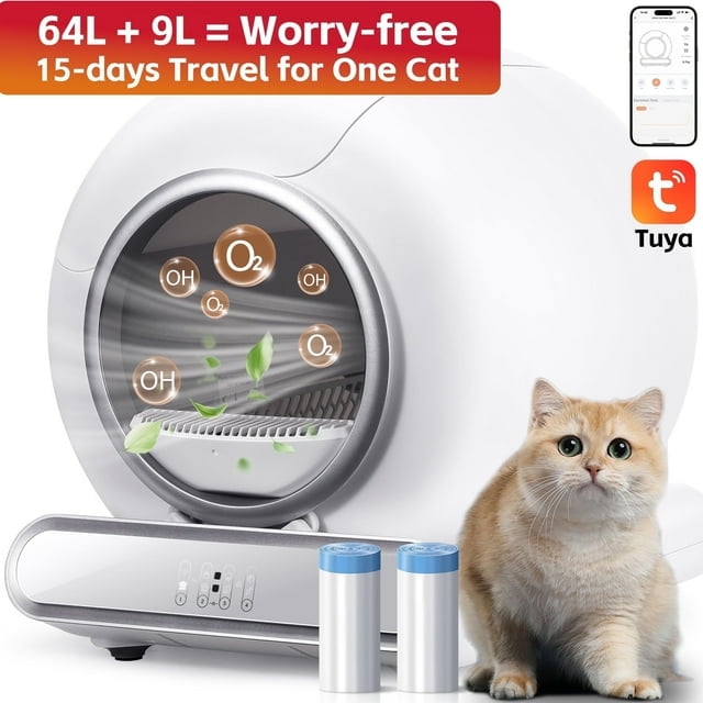 Automatic Cat Litter Box w/ Self-Cleaning & Odor-removal System, APP Remote Control, 64+9L, 18lb Capacity