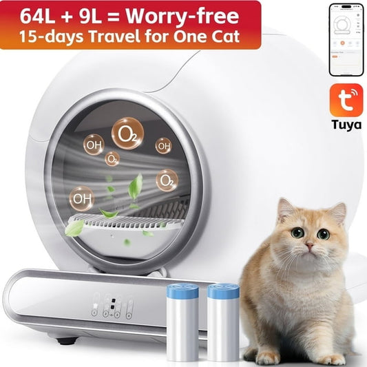 Automatic Cat Litter Box w/ Self-Cleaning & Odor-removal System, APP Remote Control, 64+9L, 18lb Capacity