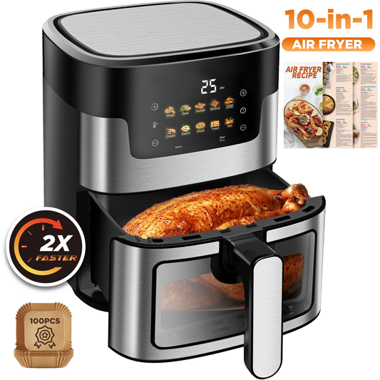 WNANEEZ Air Fryer 7.5 QT Large Capacity Digital Hot Air Oven with Window & Light, Family Size Oil-Free Air Fryer with 10 Presets, Nonstick Easy Clean Basket, 100 Liners, Black