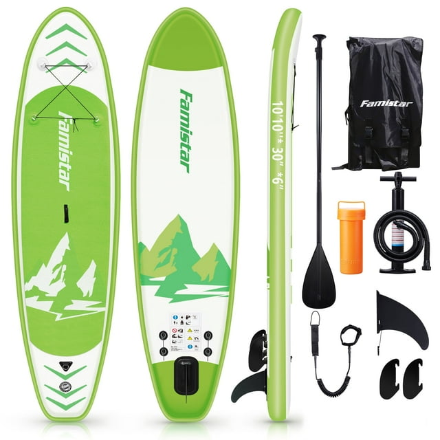 10' Inflatable Stand Up Paddle Board (6"Thick) with SUP/ 3 Pins | Wide Stance, Bottom Fin for Paddling, Surf Control, Non-Slip Deck |Youth & Adult Standing Boat-Green
