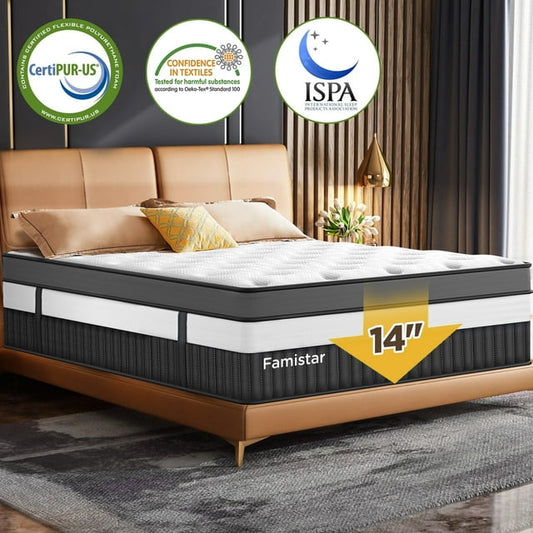 14" King Mattress, Hybrid Memory Foam Mattress and Pocket Spring Mattress in a Box