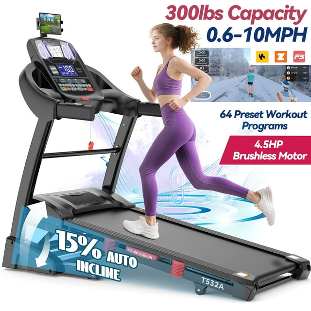 Treadmill 300 lbs Capacity, 4.5HP Folding Treadmills for Home Use with 15% Incline, 10MPH Treadmill with APP Control, 64 Programs, Shock Absorption