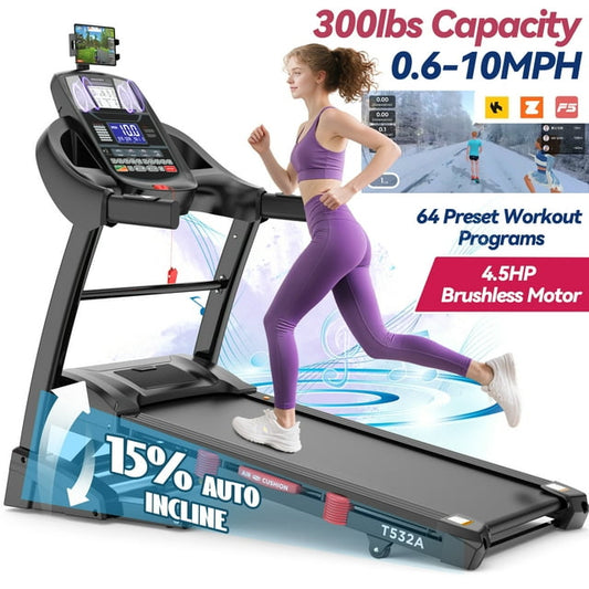 Treadmill 300 lbs Capacity, 4.5HP Folding Treadmills for Home Use with 15% Incline, 10MPH Treadmill with APP Control, 64 Programs, Shock Absorption