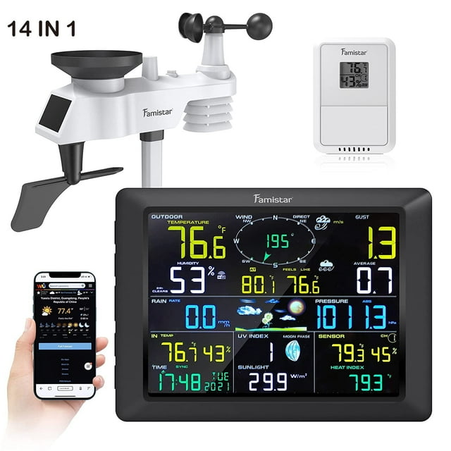 Wifi Weather Station (14-in-1) with Forecast Sensor Auto Alarm Function, Outdoor Weather Station