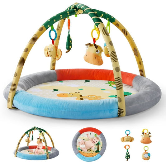 5-in-1 Thick & Plush Baby Play Gym, Baby Play Mats for Floor, Tummy Time Mat with 4 Toys, Cat Bed, Dog Bed, Convertible Stage-Based Developmental from Baby to Toddler