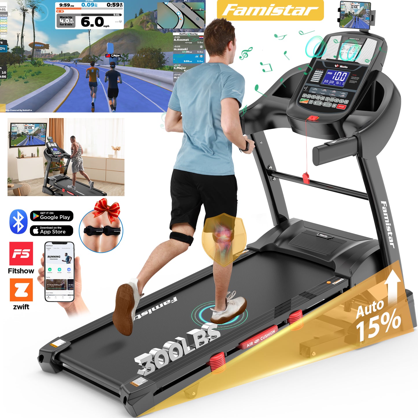 5.0HP Folding Treadmill with 15% Auto Incline, 300lb Capacity, Foldable Treadmill for Home, 10MPH Walking Running Treadmill, Portable Exercise Equipment with APP, Bluetooth, Shock Absorption Deck