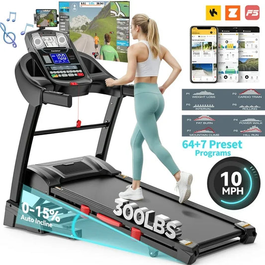 15% Auto Incline Treadmill, 4.95HP Folding treadmill 300-400lb Capacity, 71 Smart Program, 10MPH Fast Speed, APP Control for Personalized Workout, Jogging Walking Home Treadmill w/ HiFi Speakers