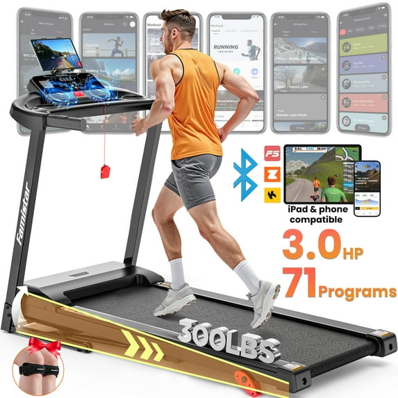 Famistar 3.0HP Folding Treadmill for Home w/ APP Control, 300lbs Capacity, Adjustable Incline, 64+3+3+1 Programs, Bluetooth Speakers, Electric Treadmill Running Machine, Knee Strap Gift, 4/21 Update