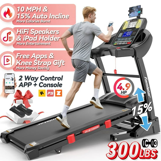 Famistar 4.9HP Treadmill 300LB Capacity, 15% Auto Incline Treadmill for Home, 10MPH Fast Speed