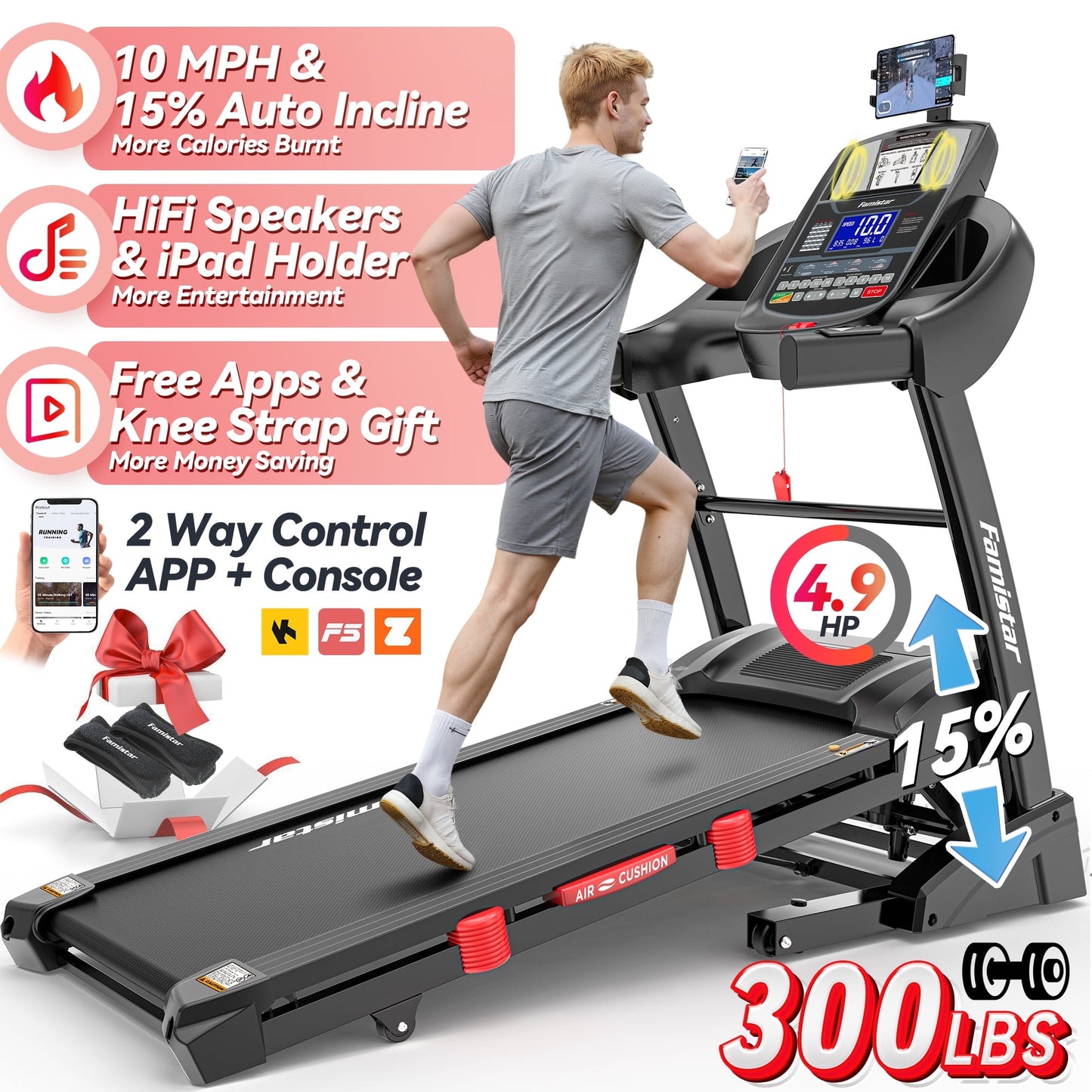 Treadmill 300 LB Capacity for Home Use, 15-Level Auto Incline, 4.9HP Folding Running Walking Treadmill, 10MPH Speed, Bluetooth, Smart Apps, 64+ Programs