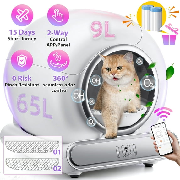 Famistar Automatic Cat Litter Box Self Cleaning, 65+9L Large Litter Box with Liner, Odor Removal, 2.4G WiFi APP Control/Integrated Safety Protection, 2 Sifters Included