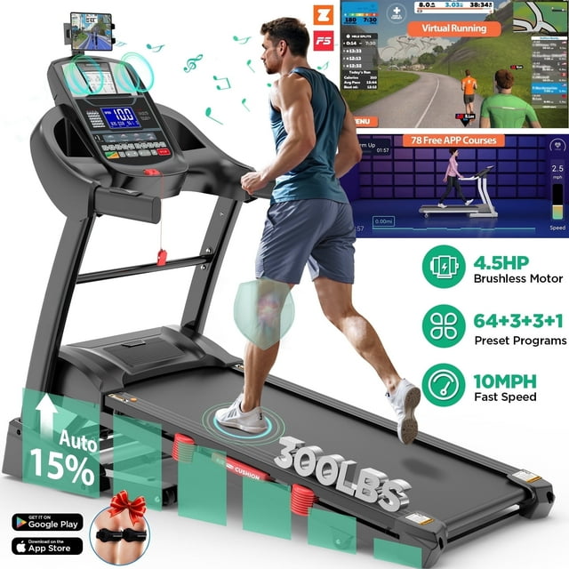 4.5HP Foldable Treadmill for Home w/ 15% Auto Incline, 300lbs Capacity, 10MPH, 64+3+3+1 Programs