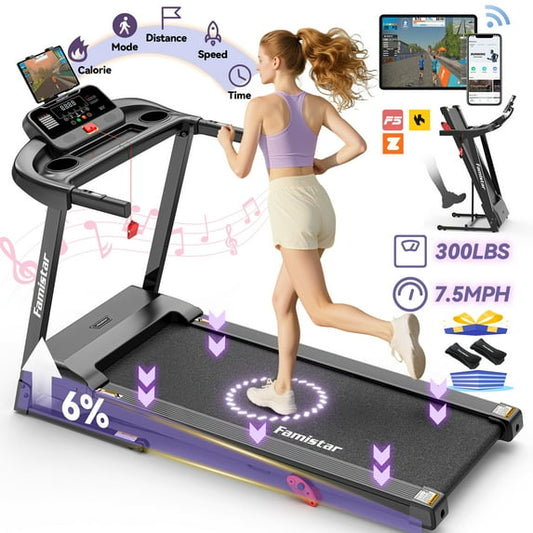 Treadmill 300 LB Capacity for Home with Incline, Folding Electric Running Walking Treadmill, Portable Treadmill for Home Use, 7.5 MPH, Smart Apps, 64+7 Programs, Bluetooth Speakers