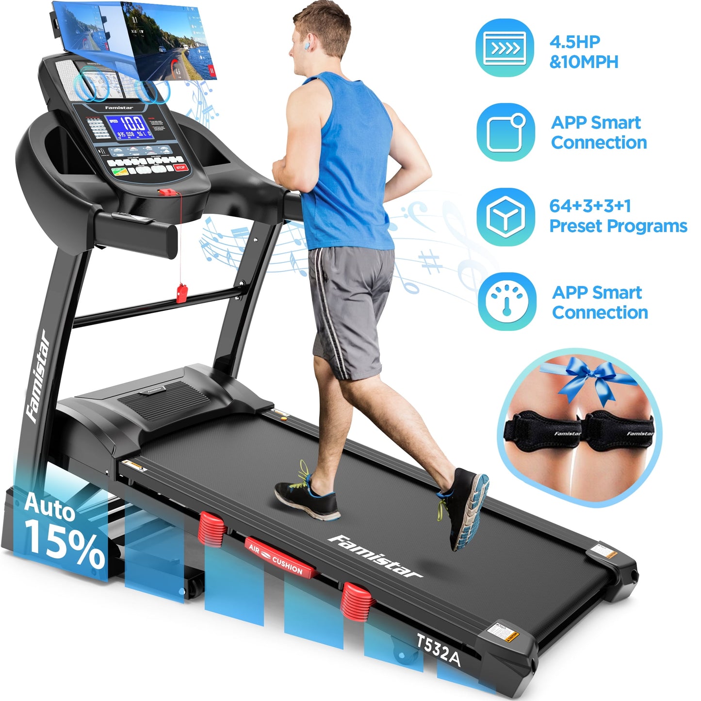 Folding Treadmill w/ 15% Auto Incline, 4.75HP Quiet Motorized Treadmill for Home 300LBS Capacity