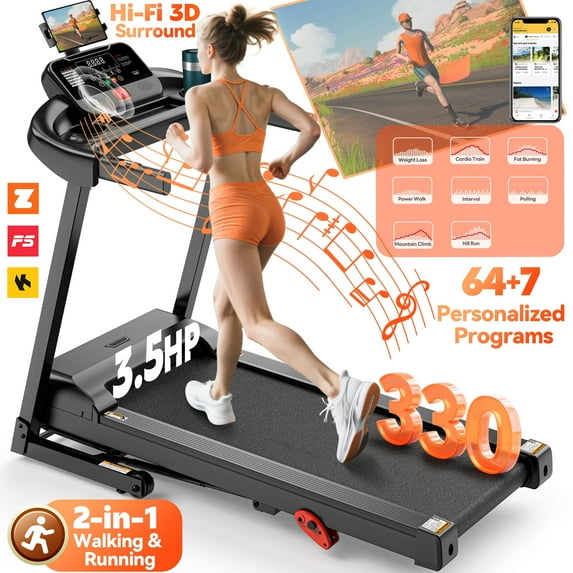 Folding Treadmill w/ Incline, 3HP Treadmill for Home w/ 300lb Capacity, 71 Programs,726962341950
