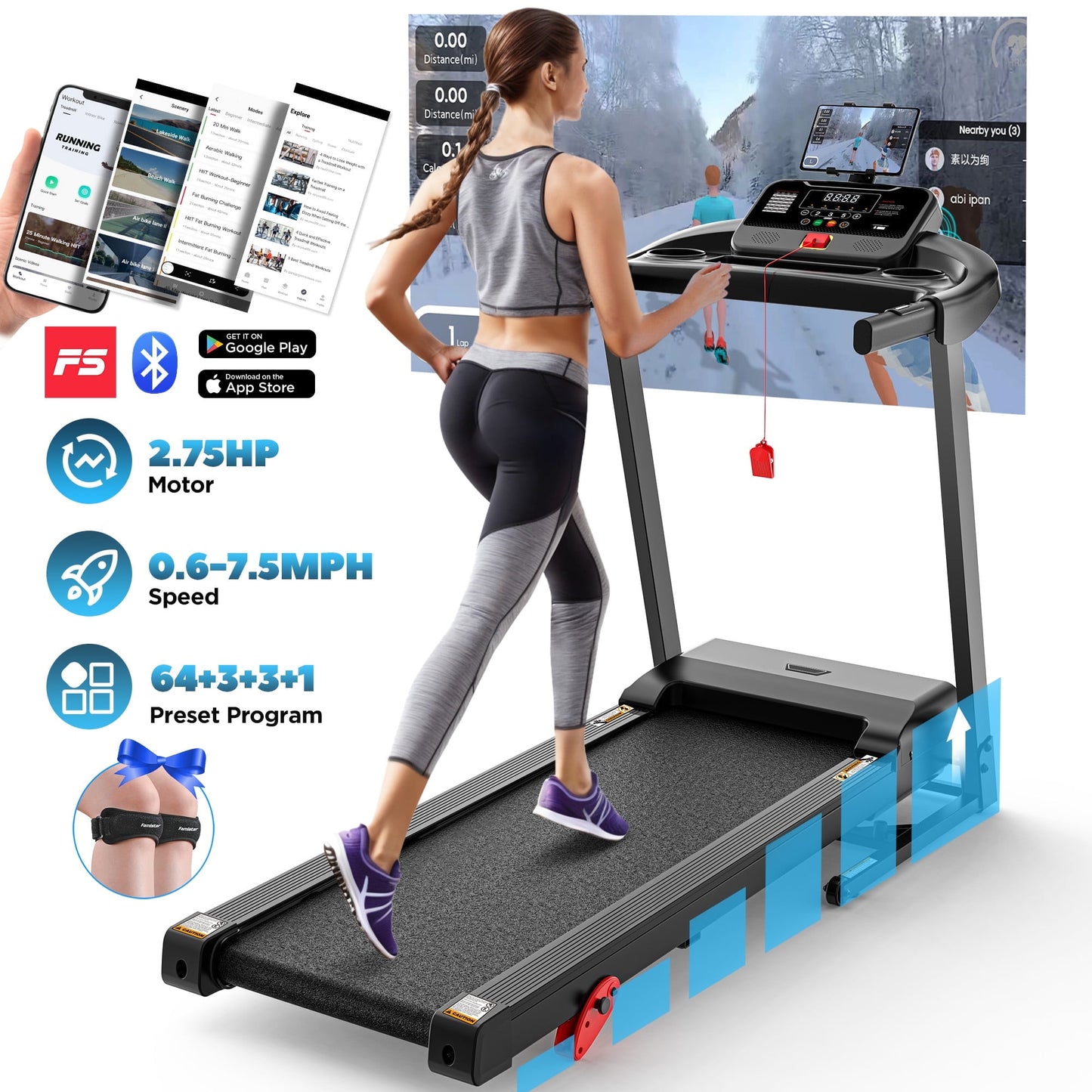 Folding Treadmill w/ Incline, 2.5HP Treadmill for Home w/ 300lb Capacity, 71 Programs