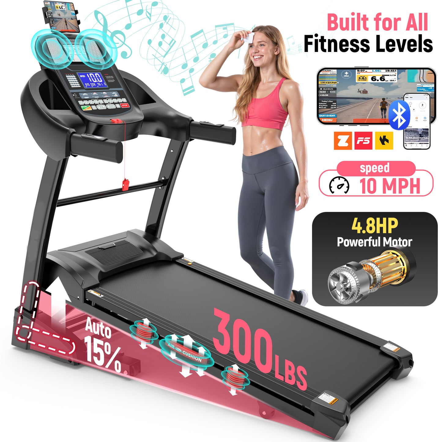 FaayFian 4.8HP Folding Treadmill with 15% Auto Incline， 300LB Capacity, 10MPH Max Speed Treadmill, Home Gym Treadmill with Powerful Motor and Space-Saving Design