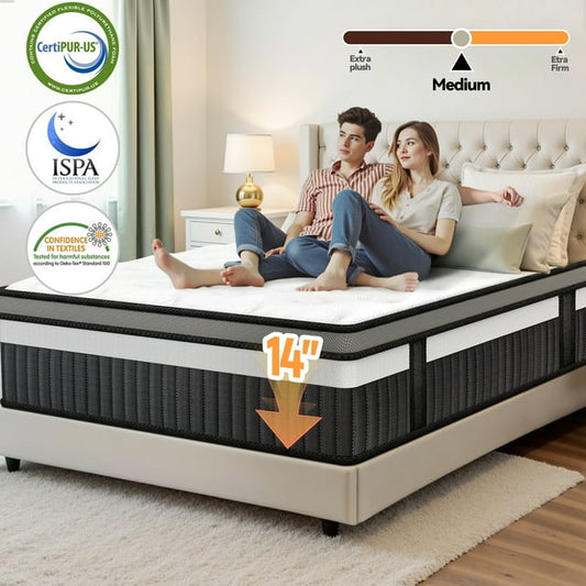 Campmoy King Mattress, 14 Inch Memory Foam Mattress in a Box, Pressure Relief Mattress, Zoned Support