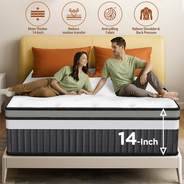King Size Mattress, 14 Inch Hybrid Memory Foam & Pocket Spring Mattress for Motion Isolation