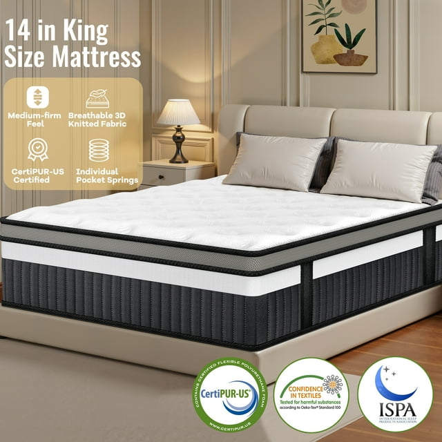 King Size Mattress 14in, Hybrid Mattress in a Box, Gel Memory Foam King Mattress for Cooling Sleep and Pressure Relief, Motion Isolation, CertiPUR-US