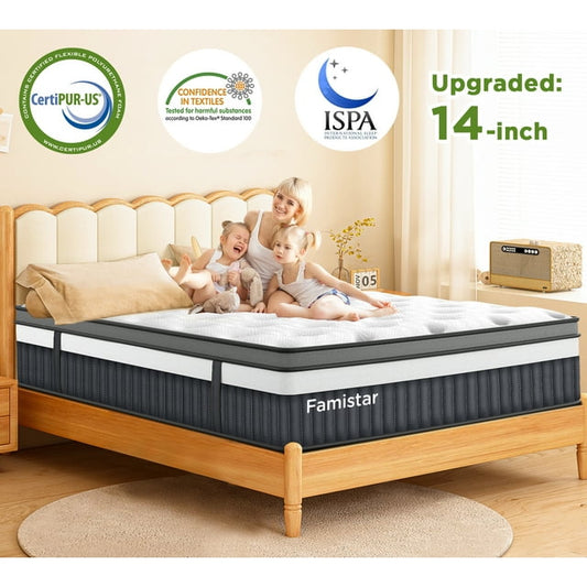 Qvamodo King Size Mattress in a Box, 14 Inch Hybrid Mattress with Gel Memory Foam and Pocket Springs