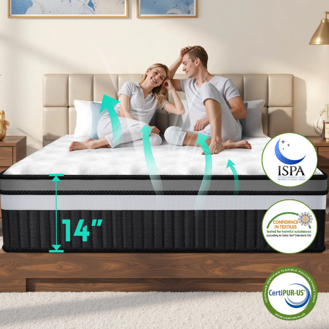 FaayFian Memory Foam Queen Mattress, 14" Cooling Gel Mattress in a Box, Zoned Pressure Relief