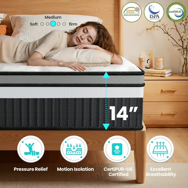 Queen Mattress, Qvamodo14in Gel Mattress in a Box, Medium Firm, Motion Isolation, Breathable, White