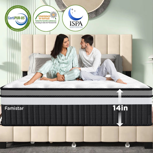14" Queen Mattress, Boxed Memory Foam Mattress,CertiPUR-US Certified,Pocket Spring Hybrid Mattress, Motion Isolation & Strong Support & Pressure Relief