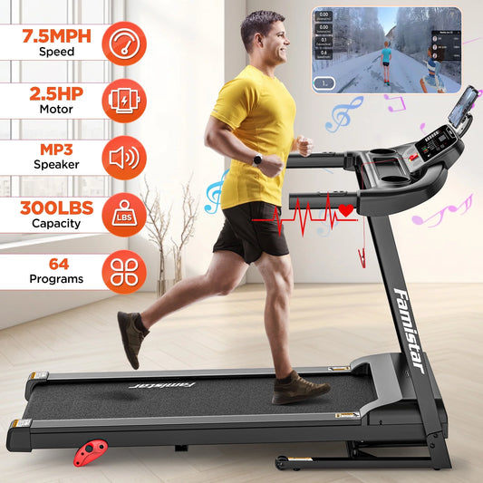 2.5HP Electric Folding Treadmill with 64 Preset Programs, HiFi Bluetooth Speakers, FitShow APP Control, 225lb Capacity, Home Gym Fitness Equipment