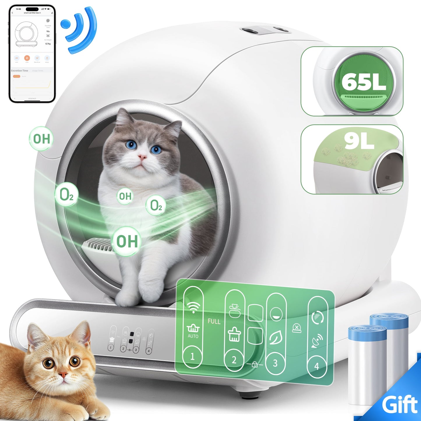 Automatic Self-Cleaning Cat Litter Box for Muti Cat with Odor Removal, Safety Protection