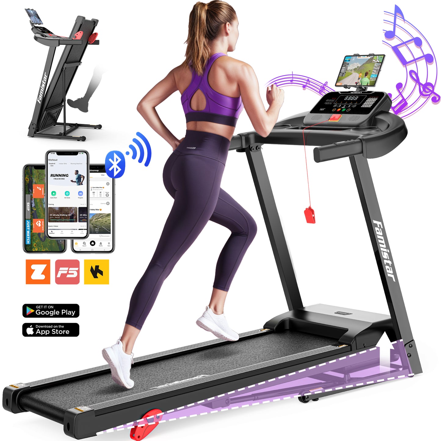 Treadmill for Home, 2.5HP Folding Treadmill 300LBS Capacity, Incline Treadmill with 3 Slopes, 7.5MPH Speed, 64 Preset Programs, Shock Absorption, APP Control