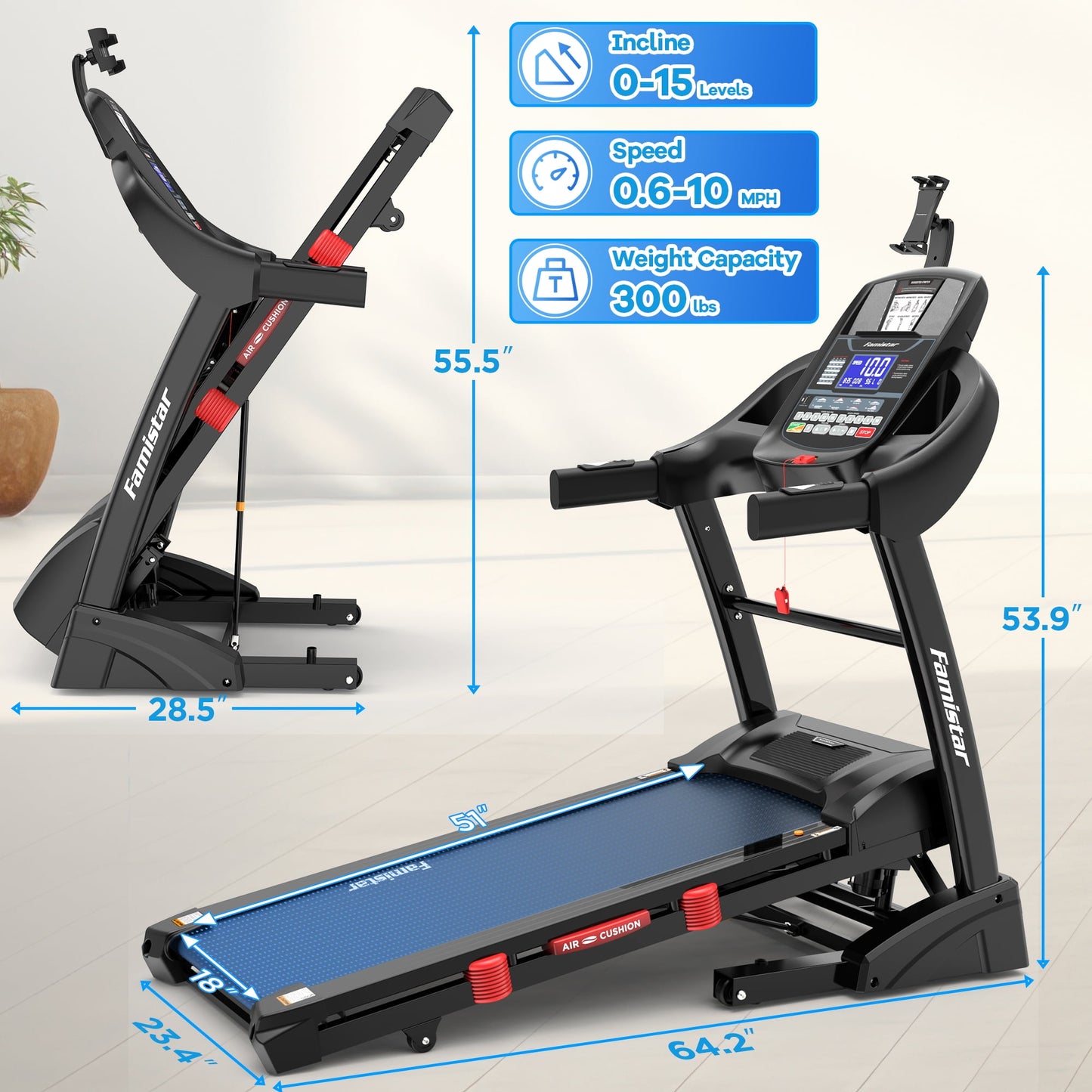 Famistar 4.9HP Treadmill 300LB Capacity, 15% Auto Incline Treadmill for Home, 10MPH Fast Speed