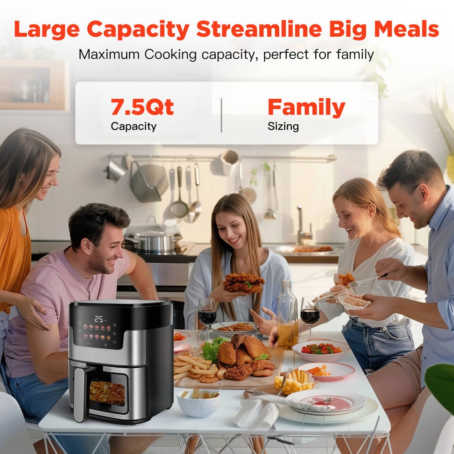 Qvamodo Air Fryer 7.5 QT Large Capacity, 10 in 1 Multifunctional Air Fryer Oven, 10 Preset Cookings, 95% Less Oil, Digital LED Touch Screen, 100Pcs Liner