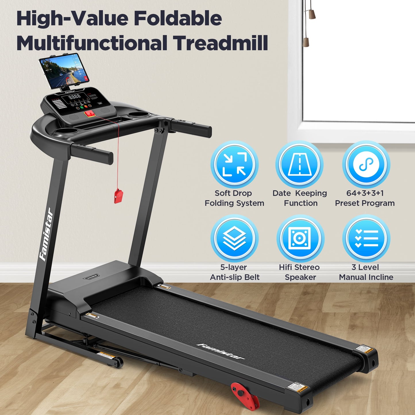 ODYAAZ 3.75HP Folding Treadmill with 300lbs Capacity, 71 Programs Treadmill for Home, 3 Adjustable Incline
